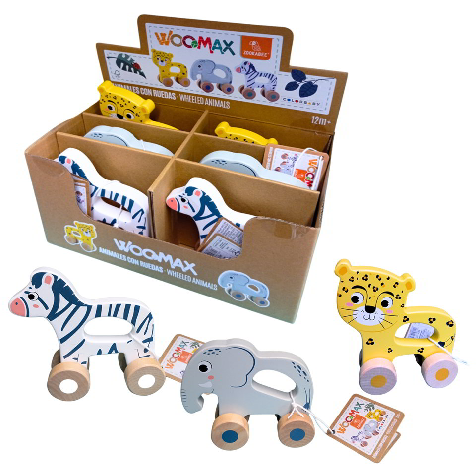 Expositor animales arrastre Woomax Zookabee surtido elefante zebra leopardo