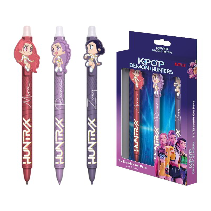 Pack 3 bolígrafos gel tinta azul borrables Cazadoras KPop Demon Hunters