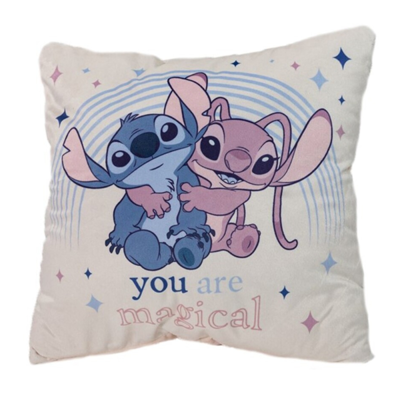 Cojín Angel y Stitch con bolsillo trasero 35x35cm