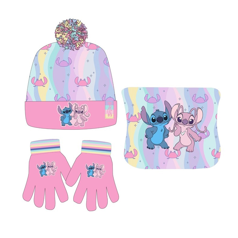 Set gorro guantes y braga cuello Stitch & Angel Disney 54cm - rosa