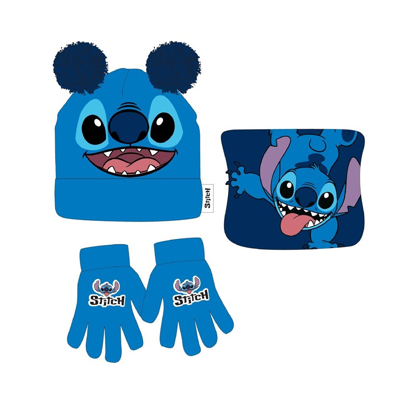 Set gorro guantes y braga cuello 54cm Stitch - azul