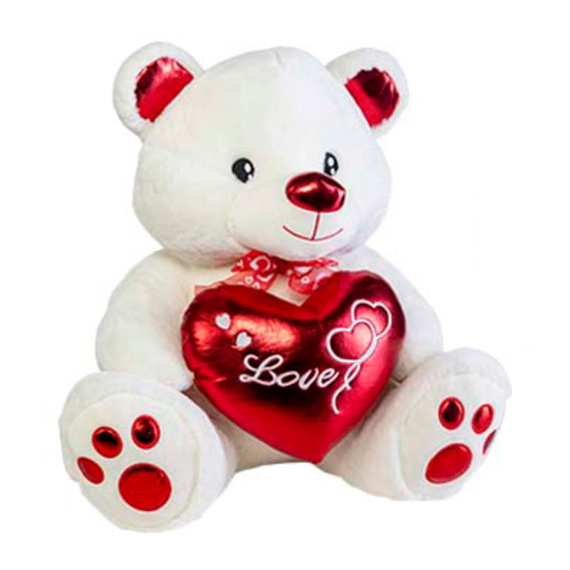 Peluche Oso 2 Corazones Love Brillantes 40cm San Valentin - blanco