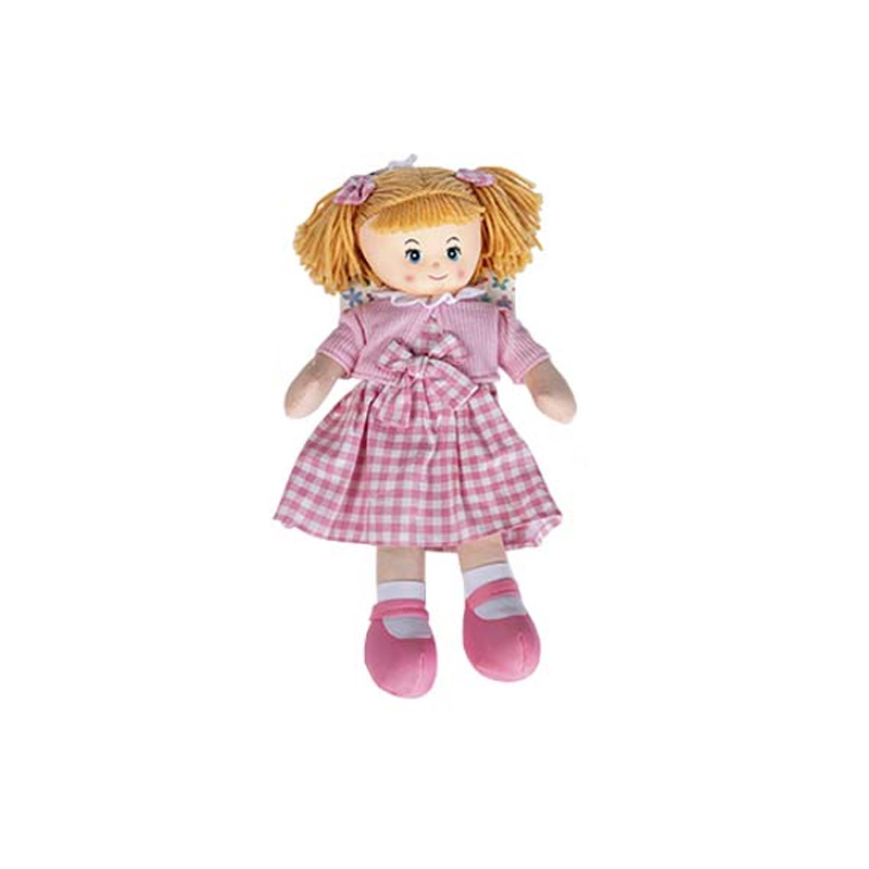 Peluche Muñeca vestido cuadros 40cm - rosa