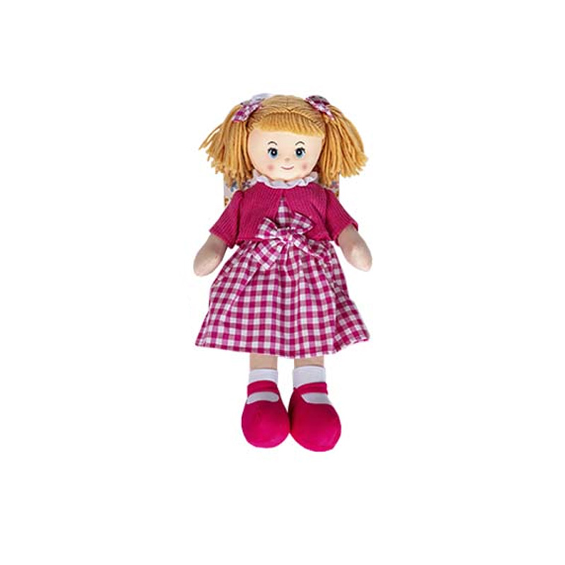 Peluche Muñeca vestido cuadros 40cm - magenta