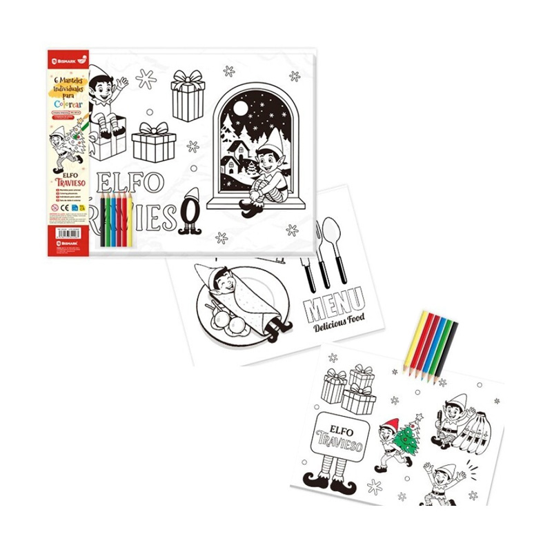 Set 6 manteles para colorear Elfo Travieso Navidad