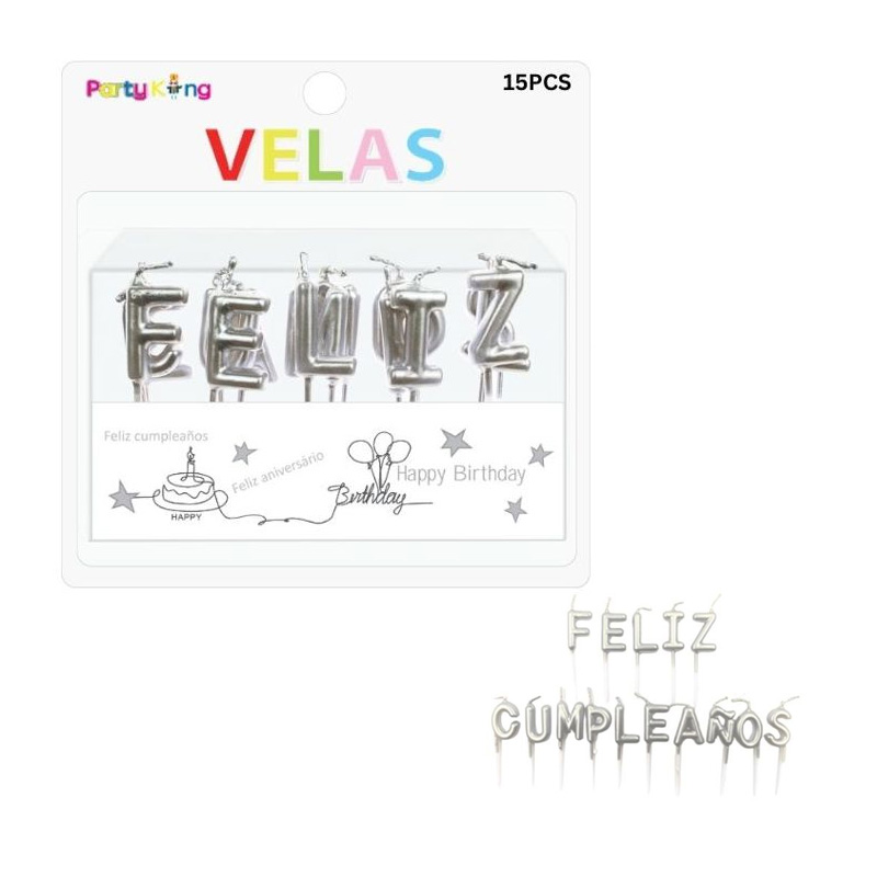Set 15 velas Feliz Cumpleaños - plata